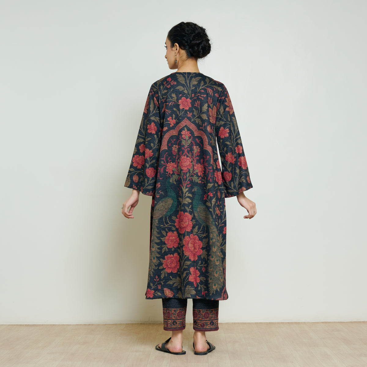 Valley of Flowers Hand Embroidered Woollen Kurta - Charcoal