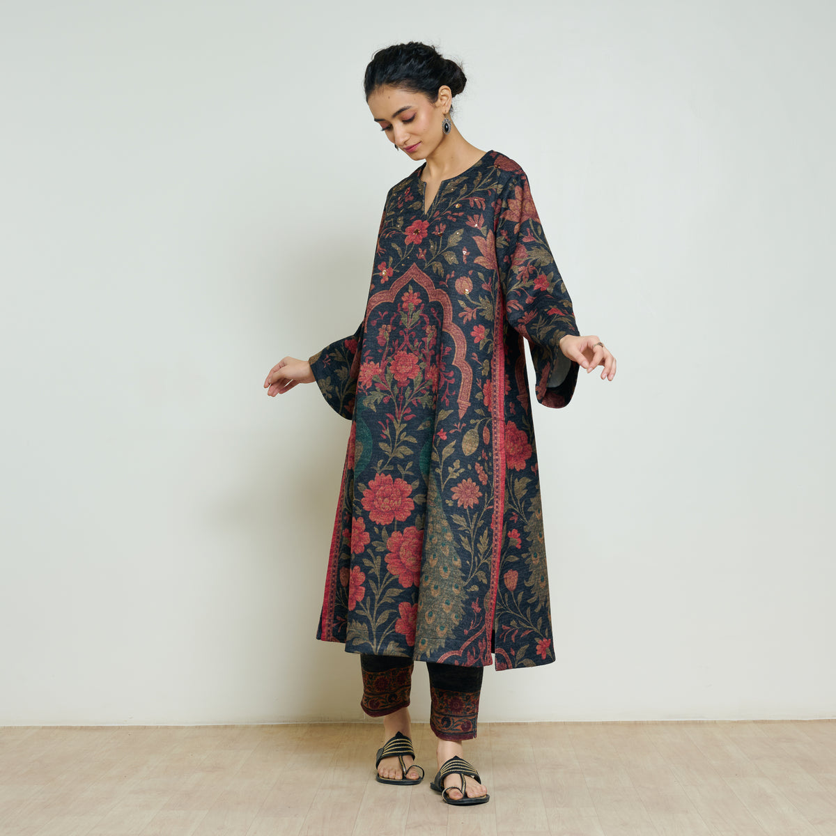 Valley of Flowers Hand Embroidered Woollen Kurta - Charcoal