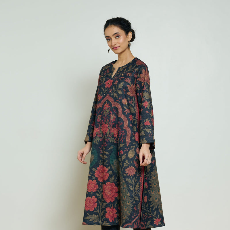 Valley of Flowers Hand Embroidered Woollen Kurta - Charcoal