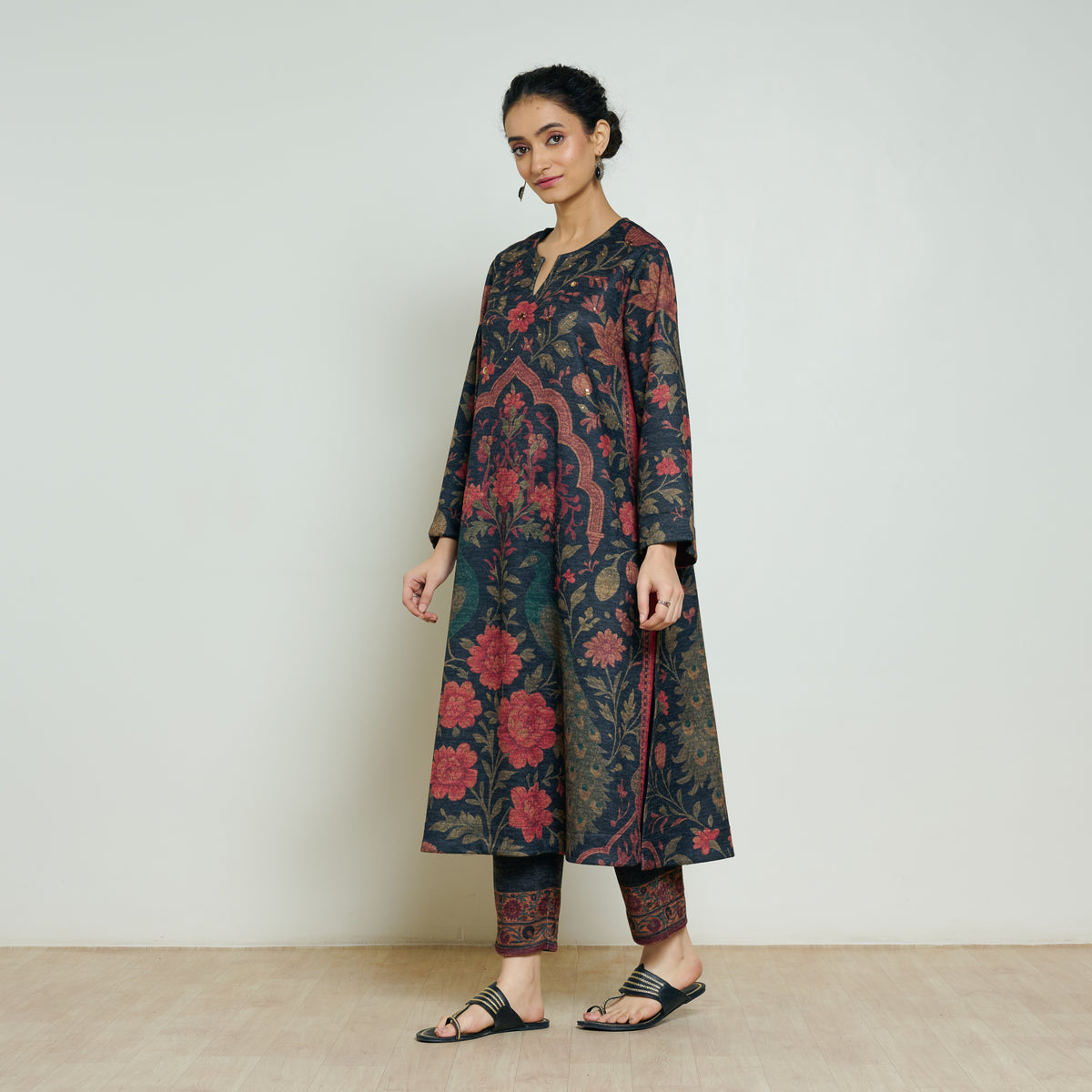 Valley of Flowers Hand Embroidered Woollen Kurta - Charcoal