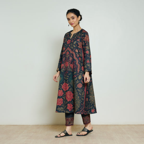 Valley of Flowers Hand Embroidered Woollen Kurta Set - Charcoal