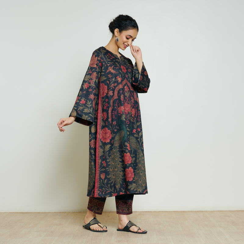 Valley of Flowers Hand Embroidered Woollen Kurta Set - Charcoal