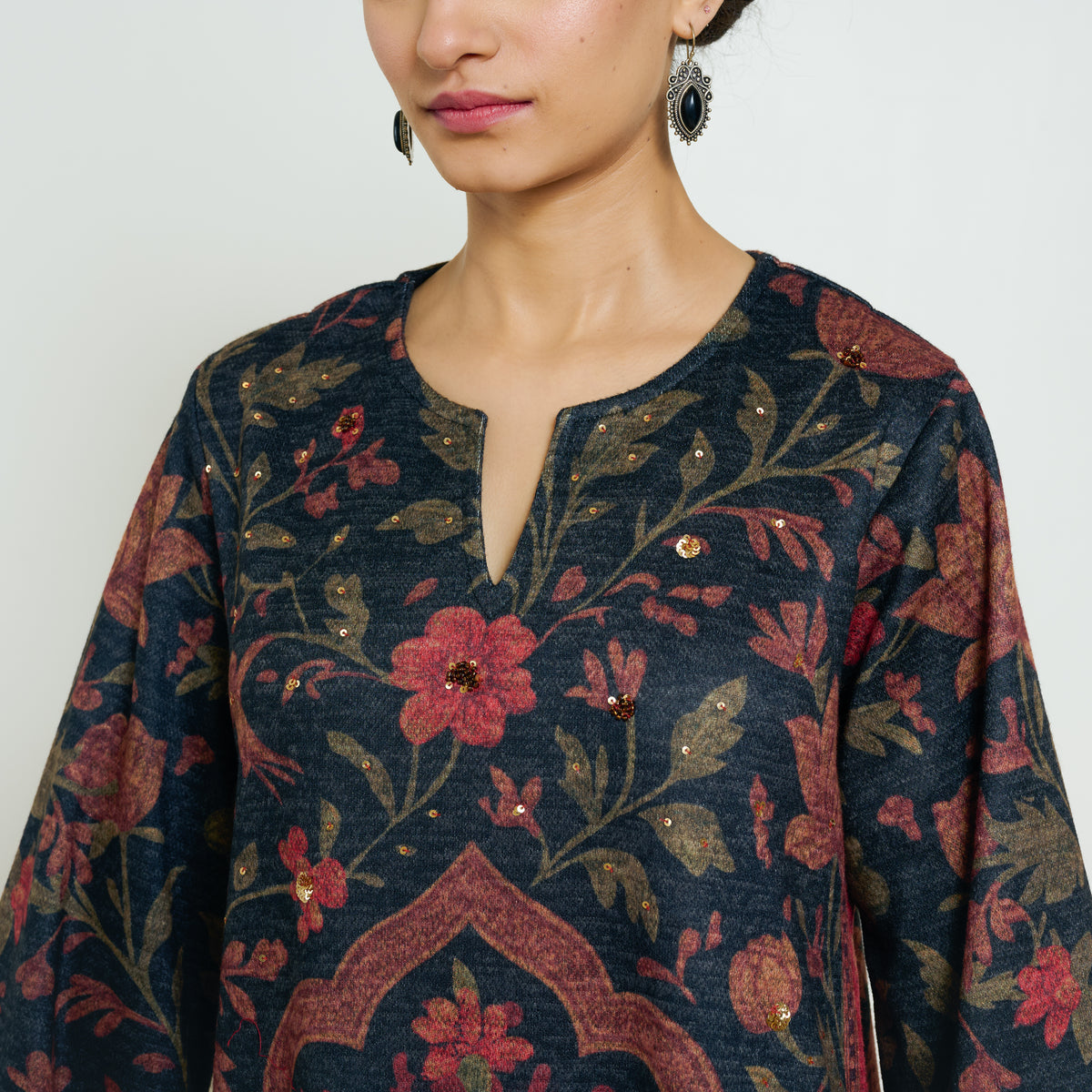 Valley of Flowers Hand Embroidered Woollen Kurta - Charcoal