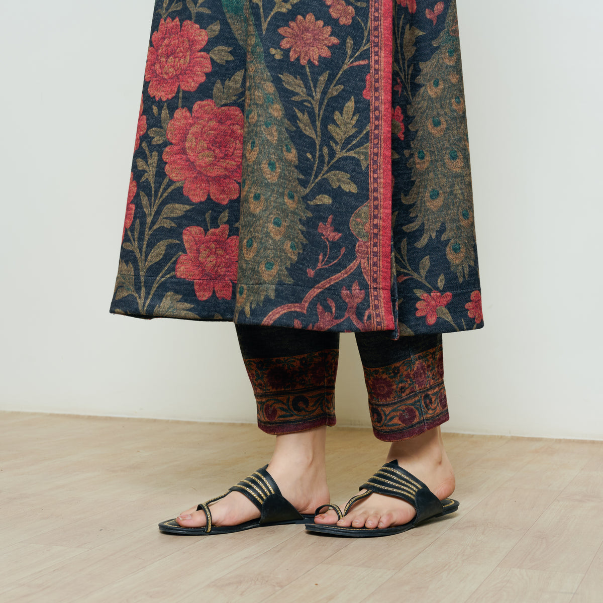 Valley of Flowers Hand Embroidered Woollen Kurta Set - Charcoal