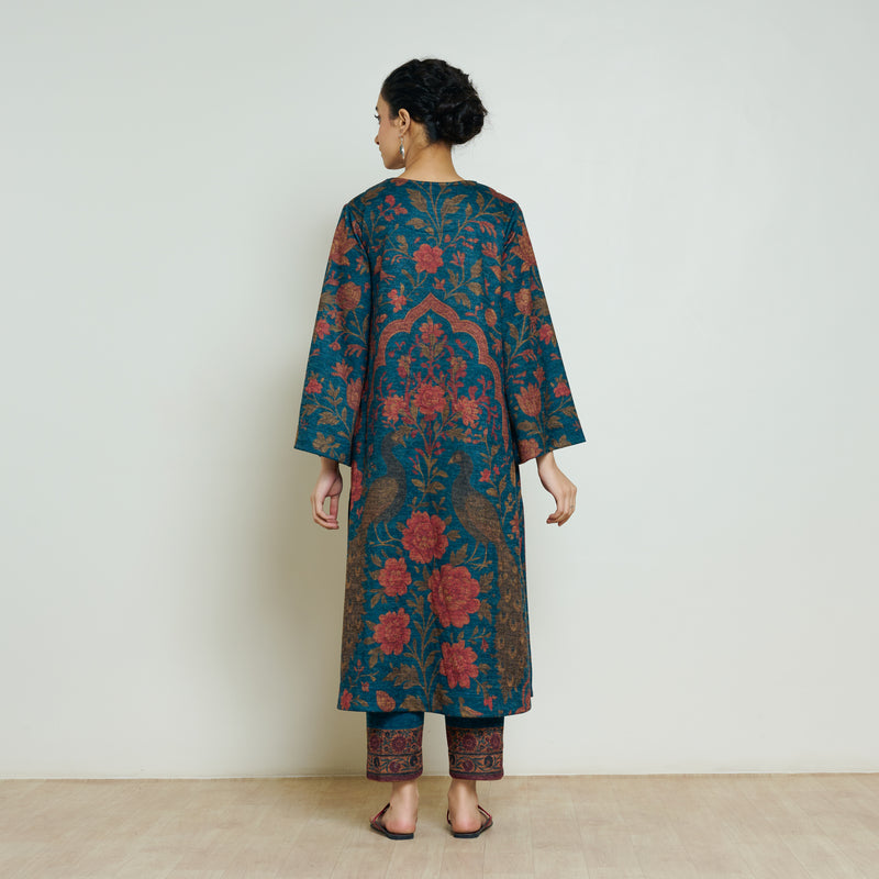Valley of Flowers Hand Embroidered Woollen Kurta Set - Transformative Teal