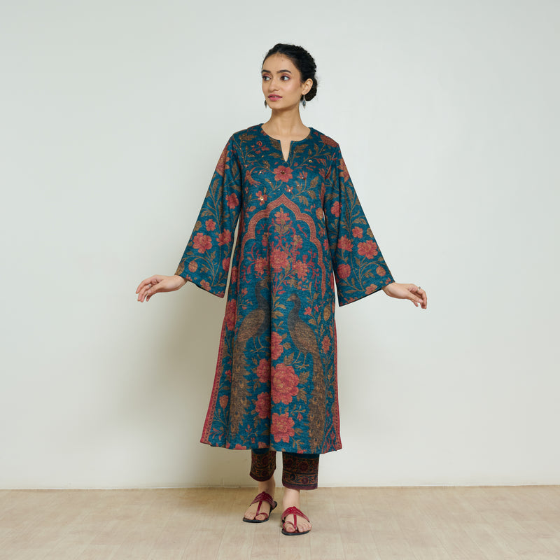 Valley of Flowers Hand Embroidered Woollen Kurta Set - Transformative Teal