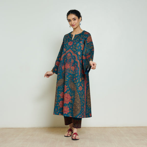 Valley of Flowers Hand Embroidered Woollen Kurta Set - Transformative Teal