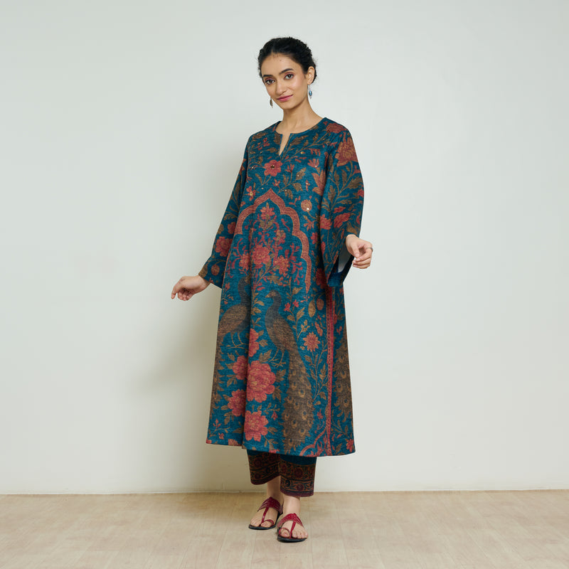Valley of Flowers Hand Embroidered Woollen Kurta Set - Transformative Teal