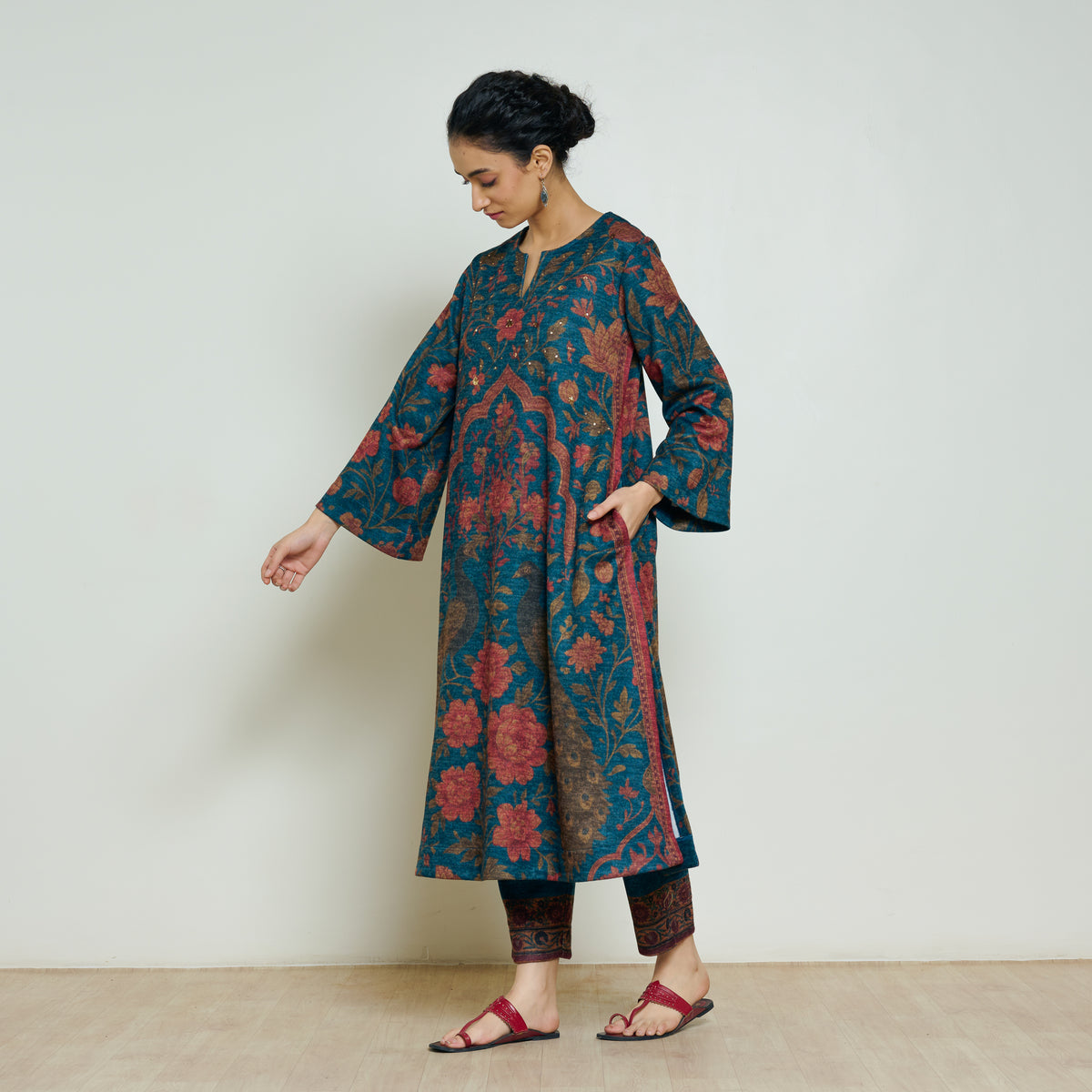 Valley of Flowers Hand Embroidered Woollen Kurta Set - Transformative Teal