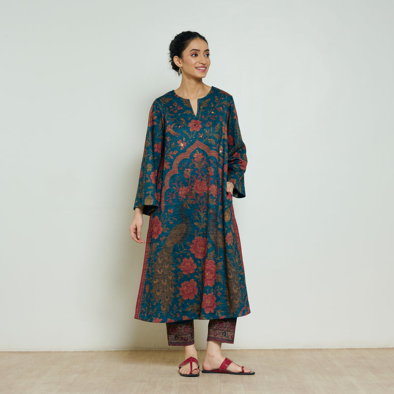 Valley of Flowers Hand Embroidered Woollen Kurta Set - Transformative Teal