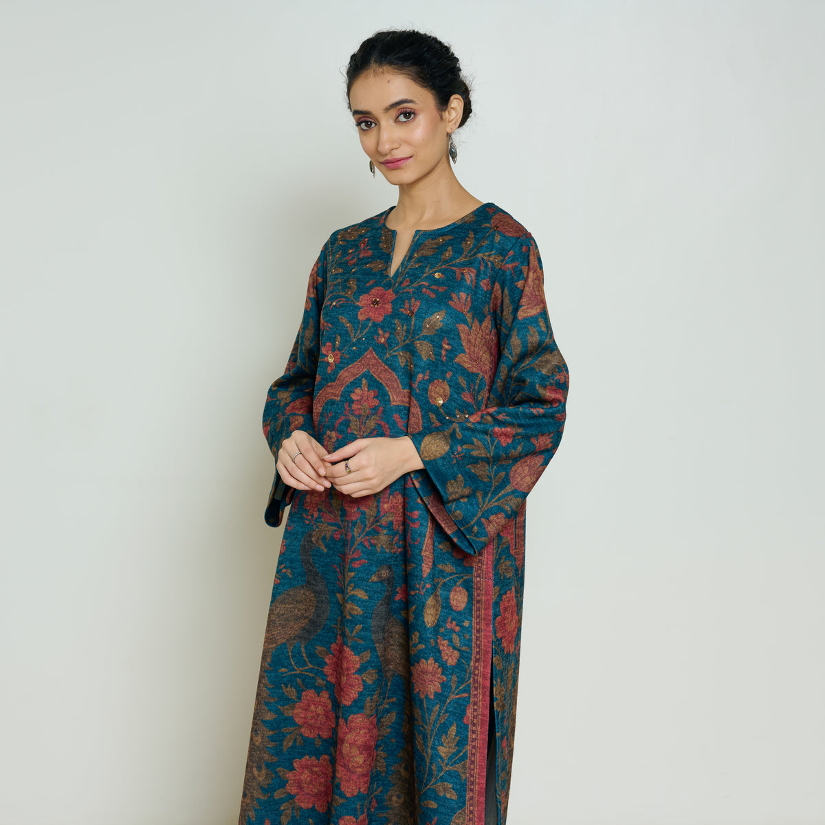 Valley of Flowers Hand Embroidered Woollen Kurta Set - Transformative Teal