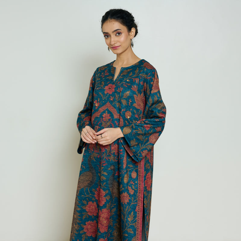 Valley of Flowers Hand Embroidered Woollen Kurta Set - Transformative Teal