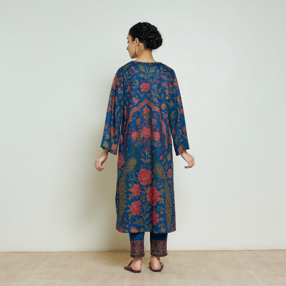 Valley of Flowers Hand Embroidered Woollen Kurta - Electric Blue