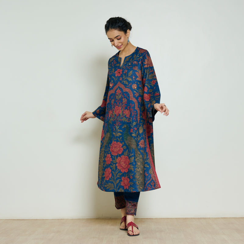 Valley of Flowers Hand Embroidered Woollen Kurta - Electric blue