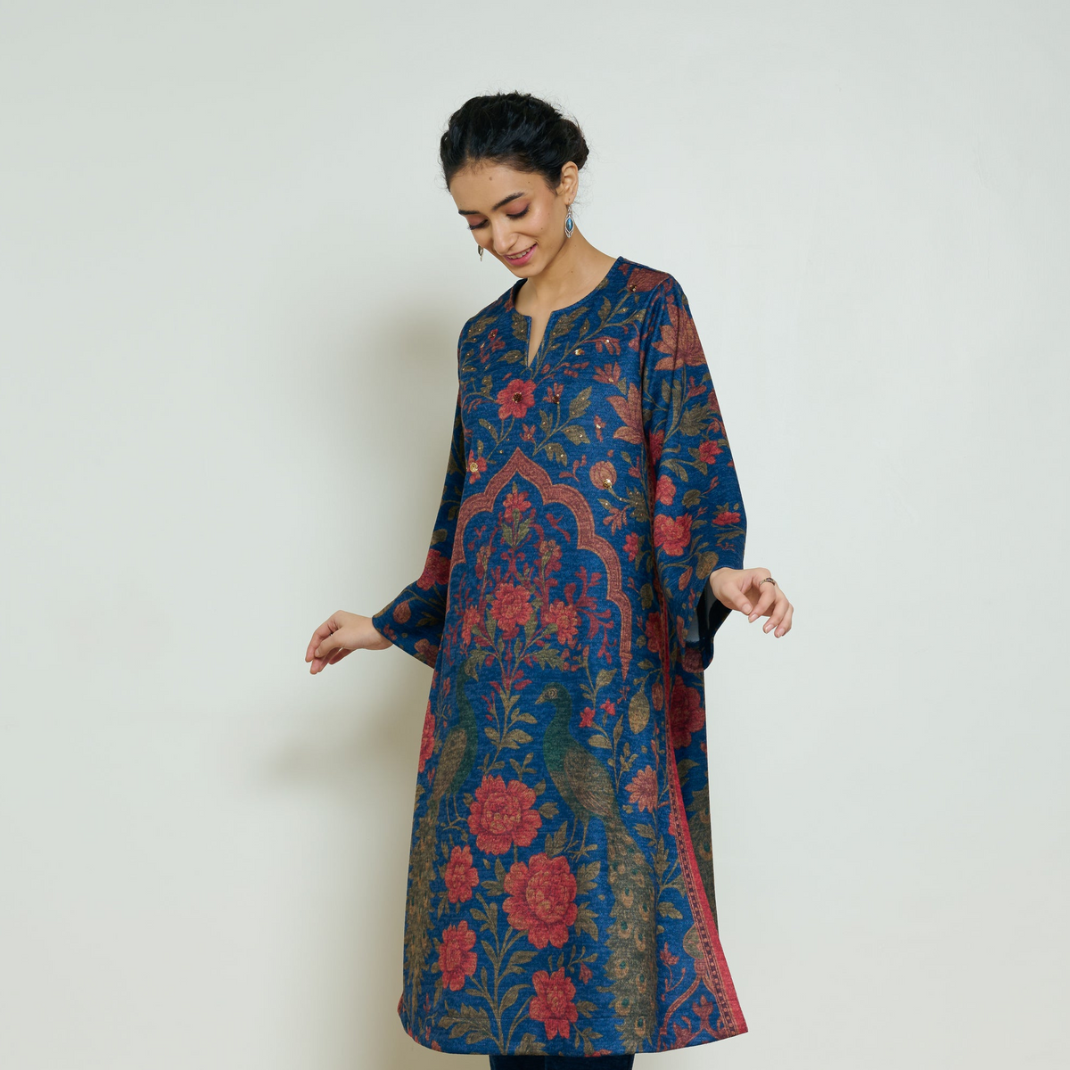 Valley of Flowers Hand Embroidered Woollen Kurta - Electric Blue