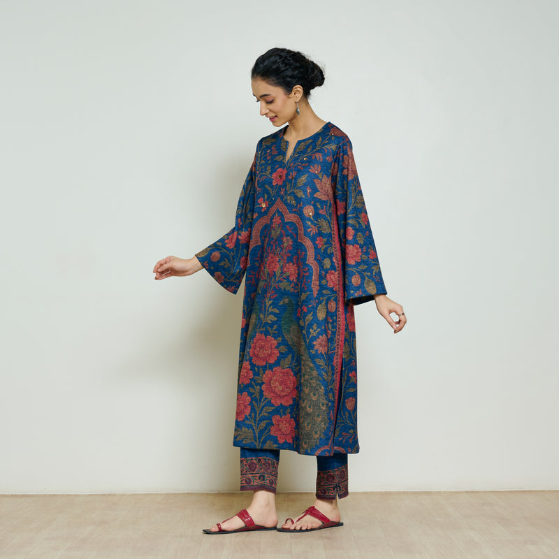 Valley of Flowers Hand Embroidered Woollen Kurta Set - Electric blue