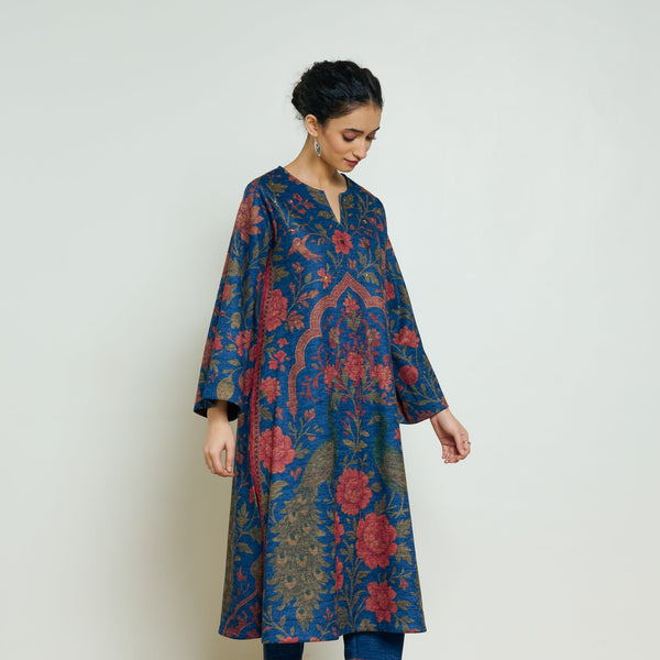 Valley of Flowers Hand Embroidered Woollen Kurta - Electric blue