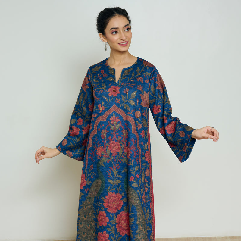 Valley of Flowers Hand Embroidered Woollen Kurta Set - Electric blue
