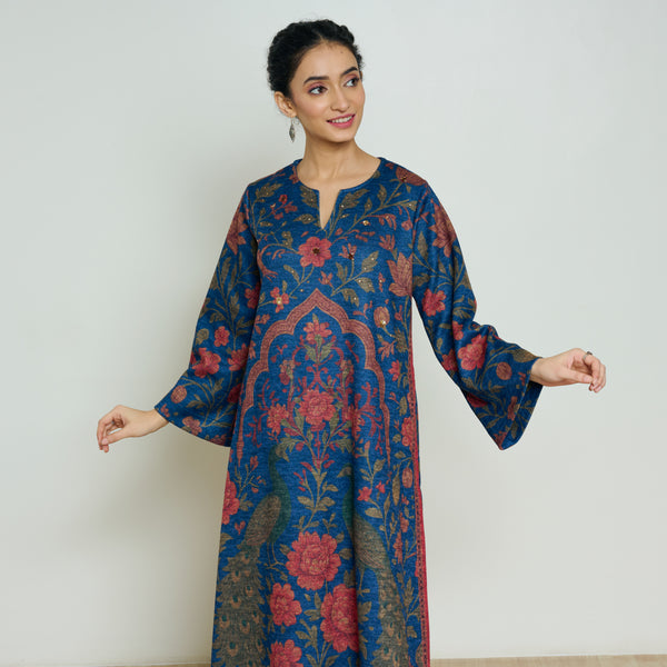 Valley of Flowers Hand Embroidered Woollen Kurta - Electric blue