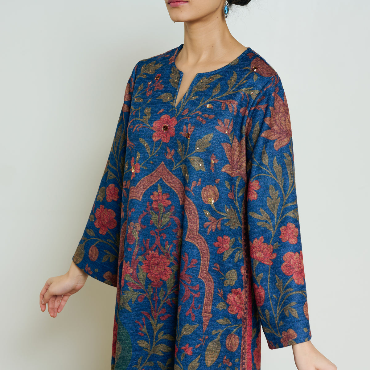 Valley of Flowers Hand Embroidered Woollen Kurta - Electric Blue