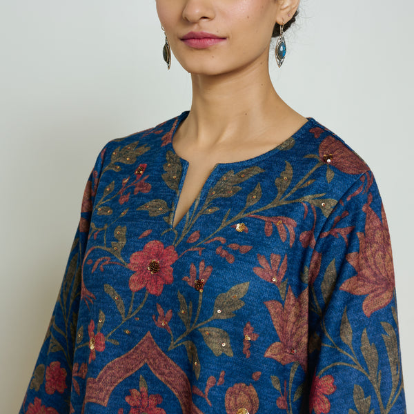 Valley of Flowers Hand Embroidered Woollen Kurta Set - Electric blue