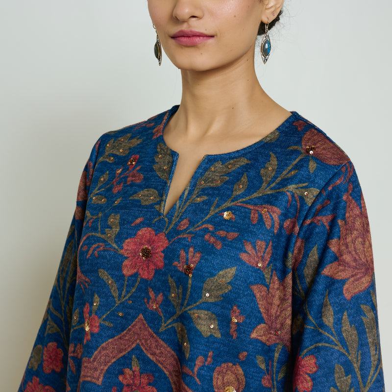 Valley of Flowers Hand Embroidered Woollen Kurta Set - Electric blue