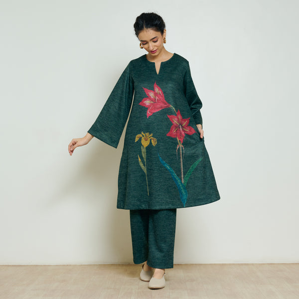 Burans Woollen Kurta Set - Forest Green