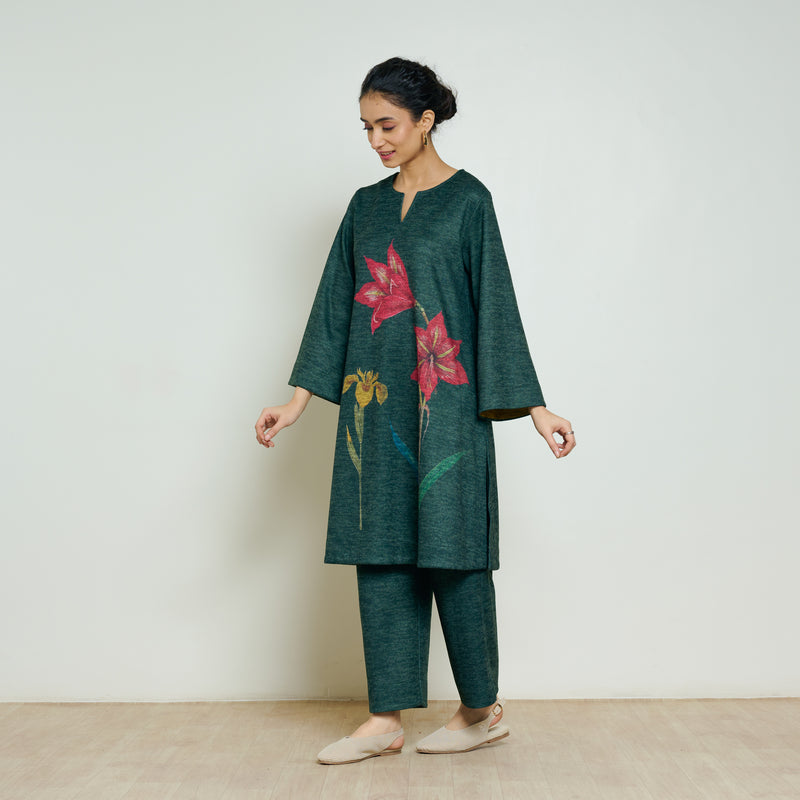 Burans Woollen Kurta Set - Forest Green