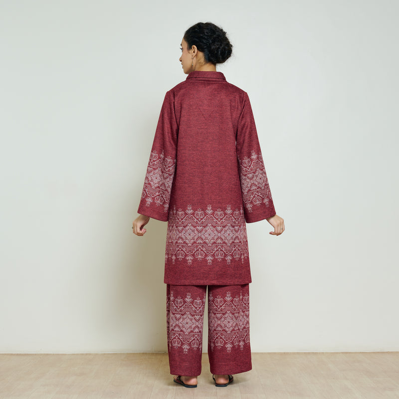 Snowflower Woollen Coord Set - Brick Red