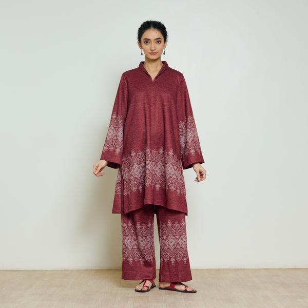 Snowflower Woollen Coord Set - Brick Red