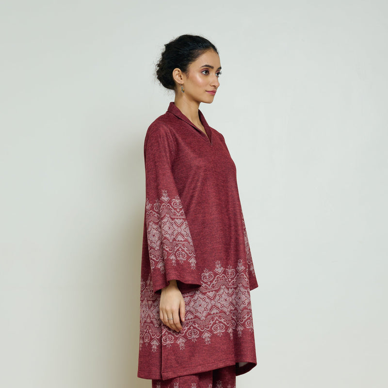 Snowflower Woollen Kurta - Brick Red