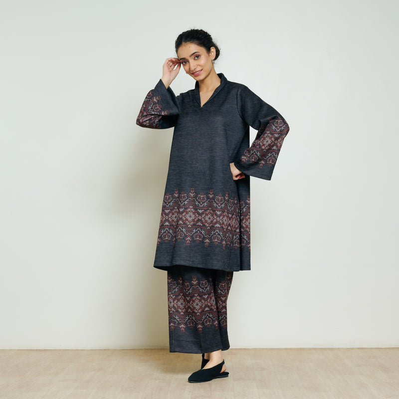 Snowflower Woollen Coord Set - Black