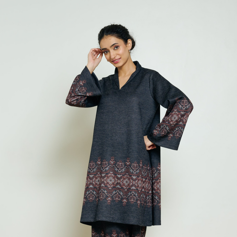 Snowflower Woollen Kurta - Black