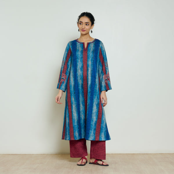 Rayforest Hand Embroidered Woollen Kurta - Indigo Blue