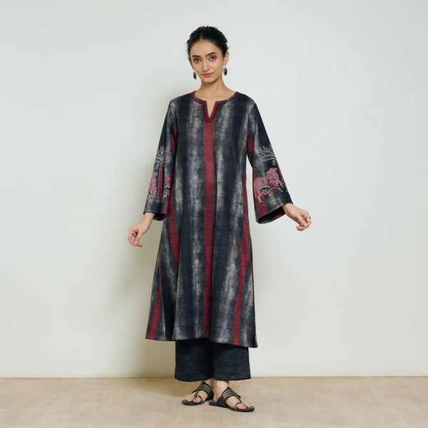 Rayforest Hand Embroidered Woollen Kurta - Charcoal