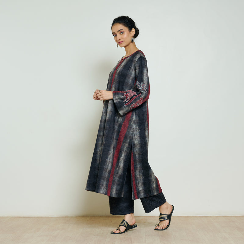 Rayforest Hand Embroidered Woollen Kurta - Charcoal