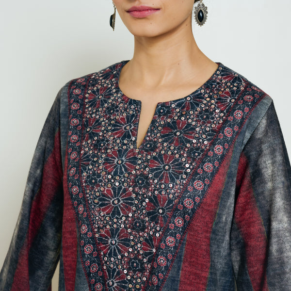 Lumora Hand Embroidered Woollen Kurta - Charcoal