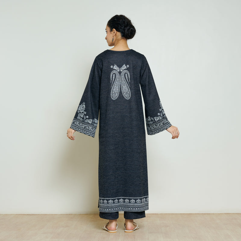 Nura Hand Embroidered Woollen Long Kurta - Black