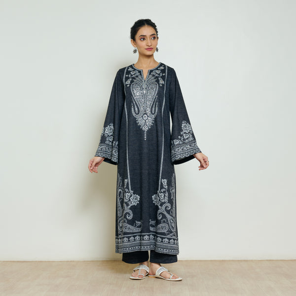 Nura Hand Embroidered Woollen Long Kurta - Black