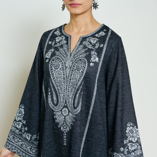 Nura Hand Embroidered Woollen Long Kurta - Black