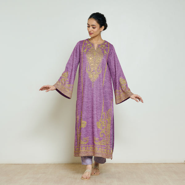 Nura Hand Embroidered Woollen Long Kurta - Purple