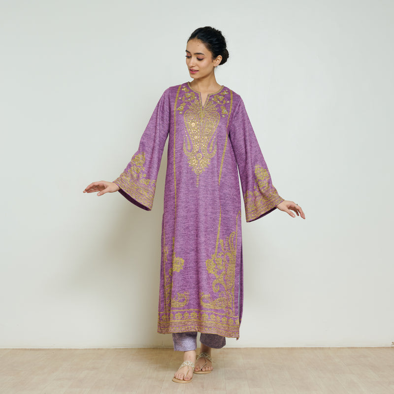 Nura Hand Embroidered Woollen Long Kurta - Purple