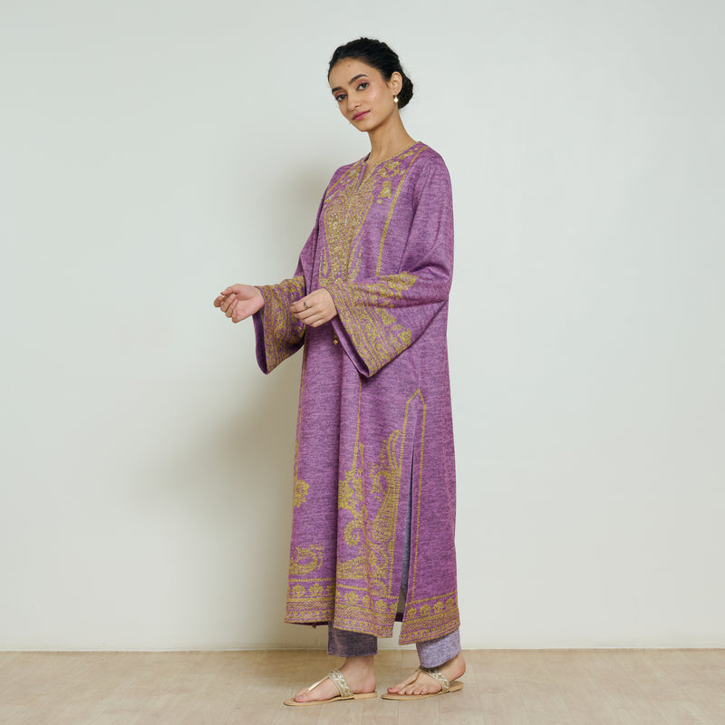Nura Hand Embroidered Woollen Long Kurta - Purple