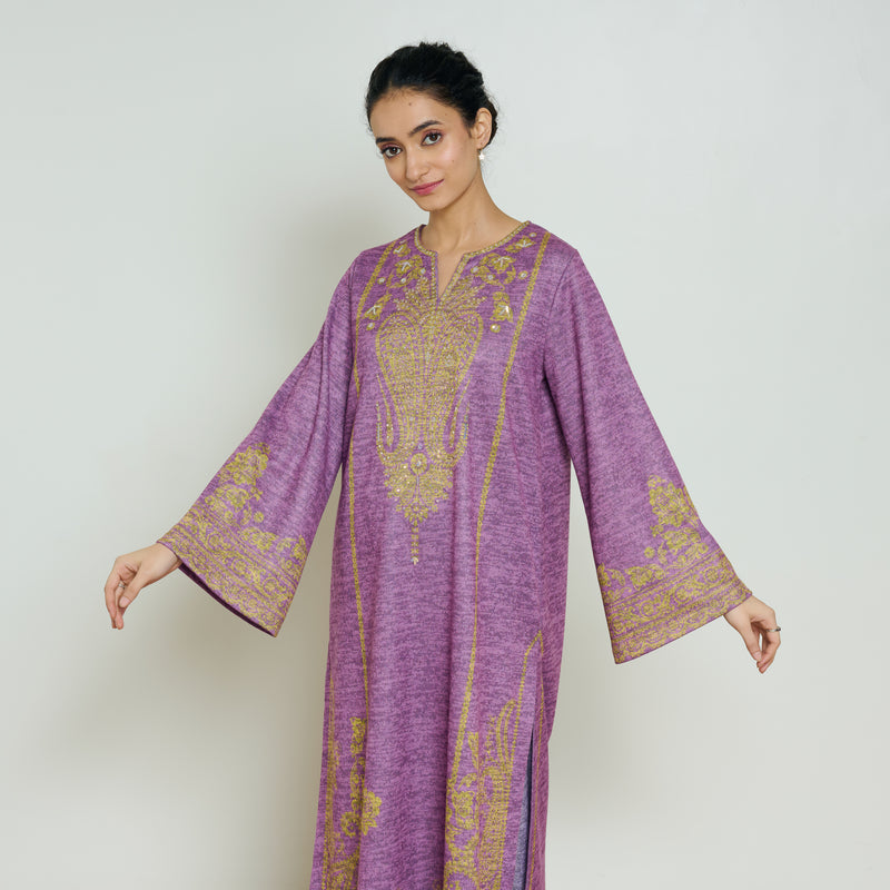 Nura Hand Embroidered Woollen Long Kurta - Purple