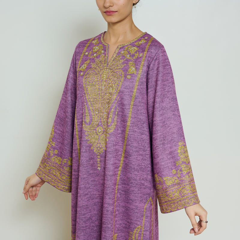 Nura Hand Embroidered Woollen Long Kurta - Purple