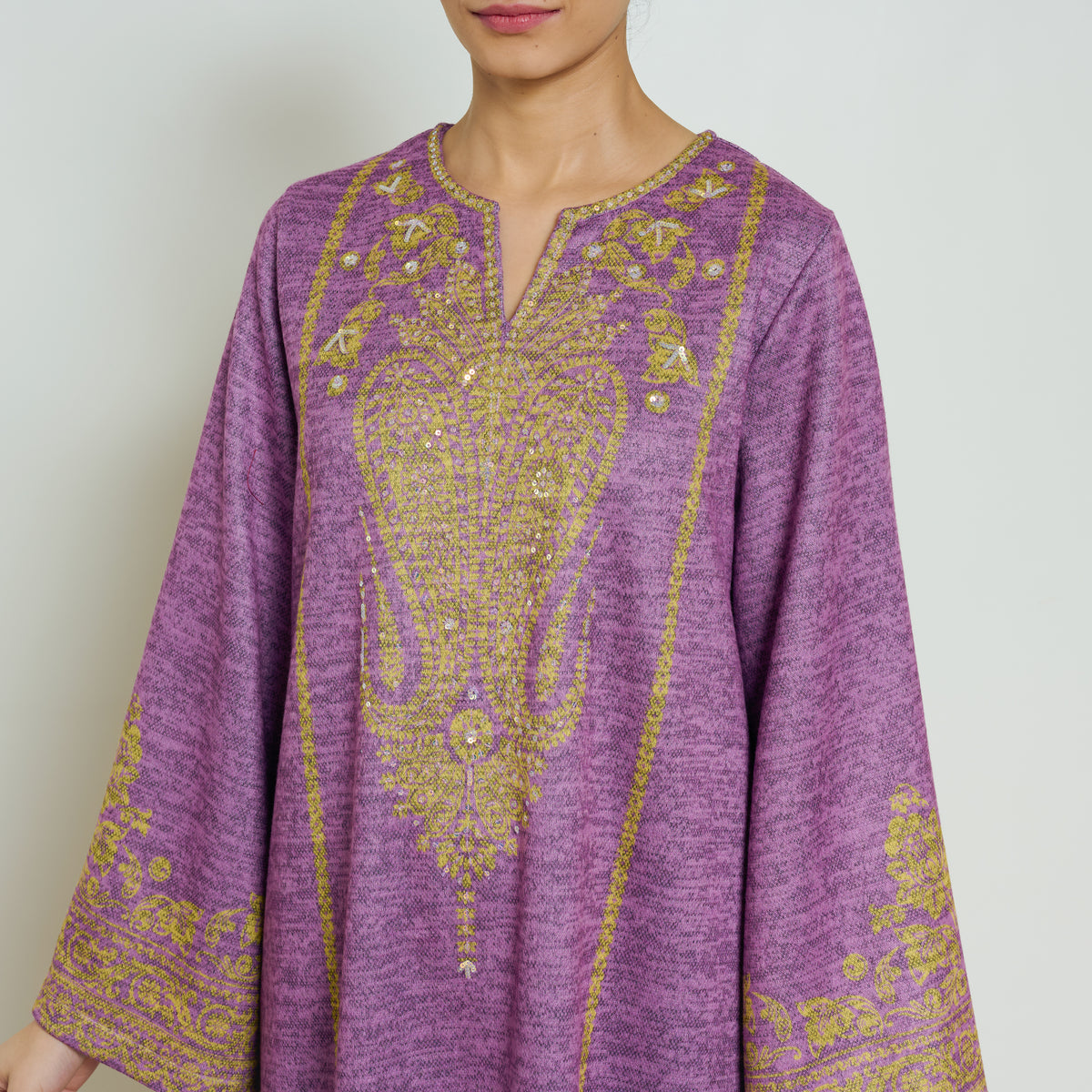 Nura Hand Embroidered Woollen Long Kurta - Purple