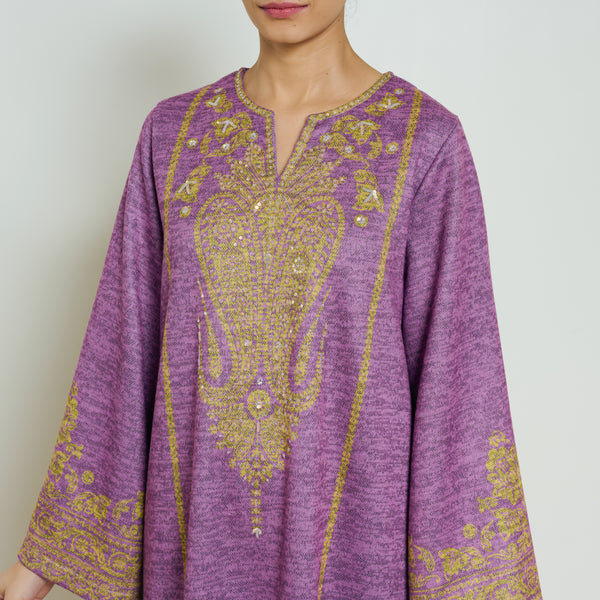 Nura Hand Embroidered Woollen Long Kurta - Purple