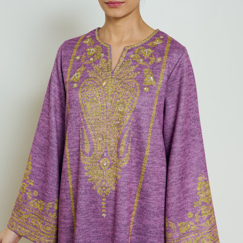 Nura Hand Embroidered Woollen Long Kurta - Purple