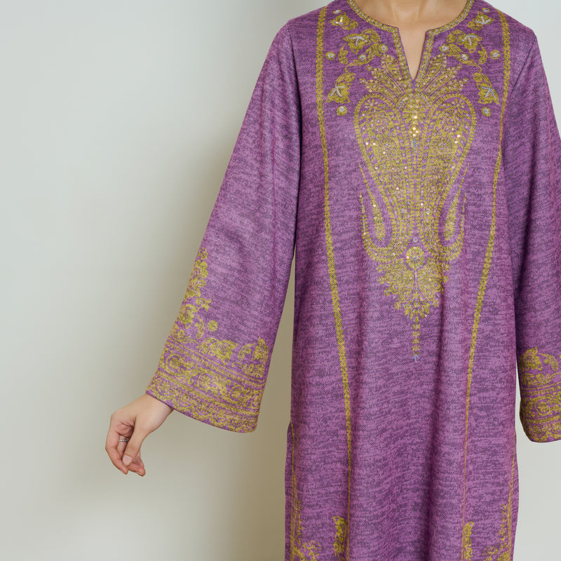 Nura Hand Embroidered Woollen Long Kurta - Purple
