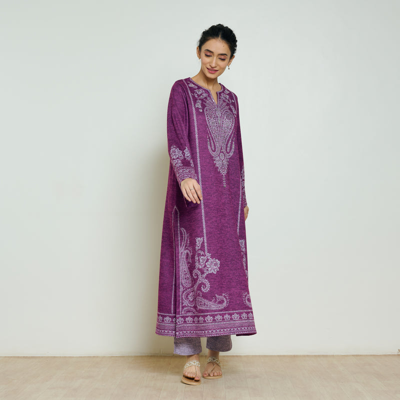 Nura Hand Embroidered Woollen Long Kurta - Wine
